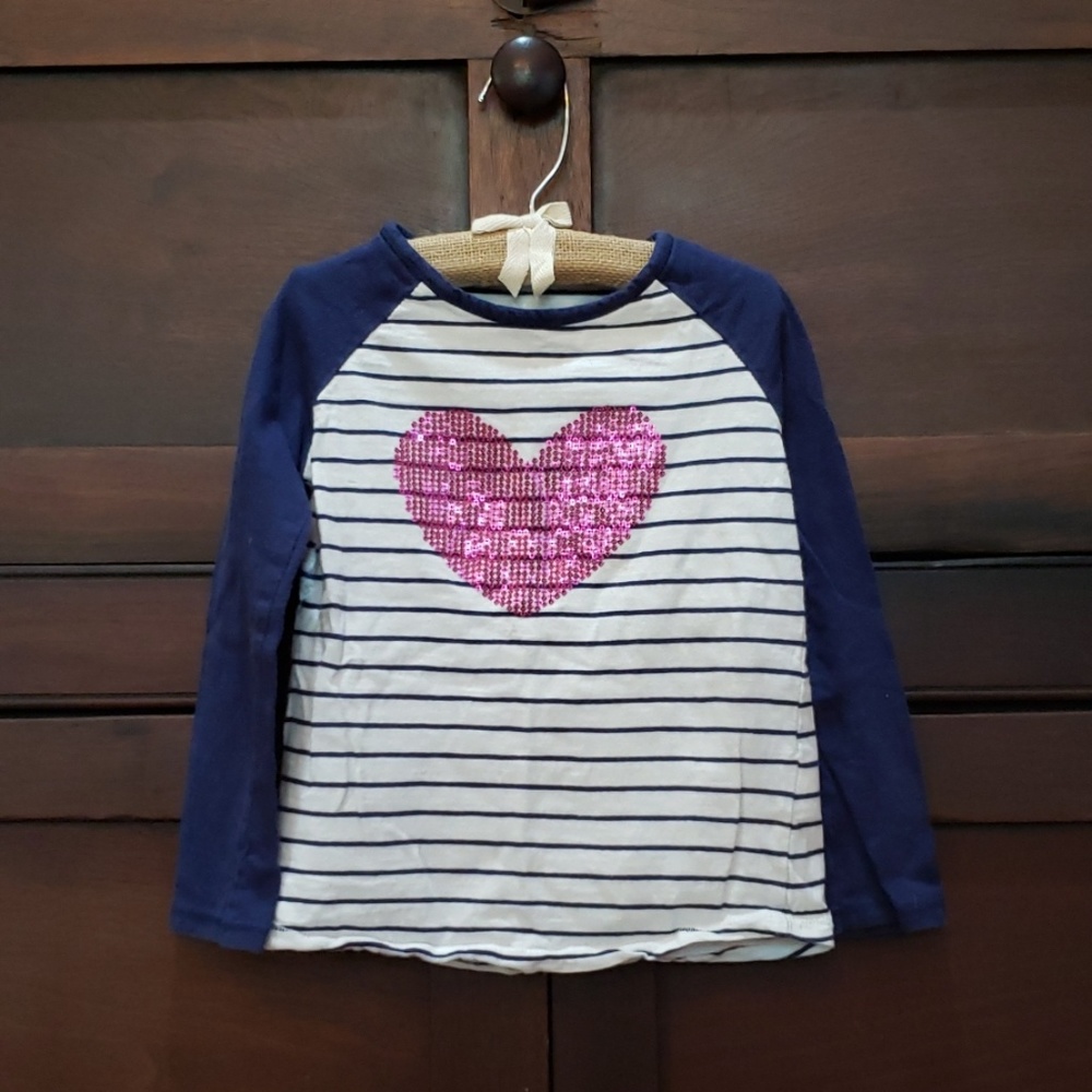 Long sleeved baseball tee with sequined heart.
